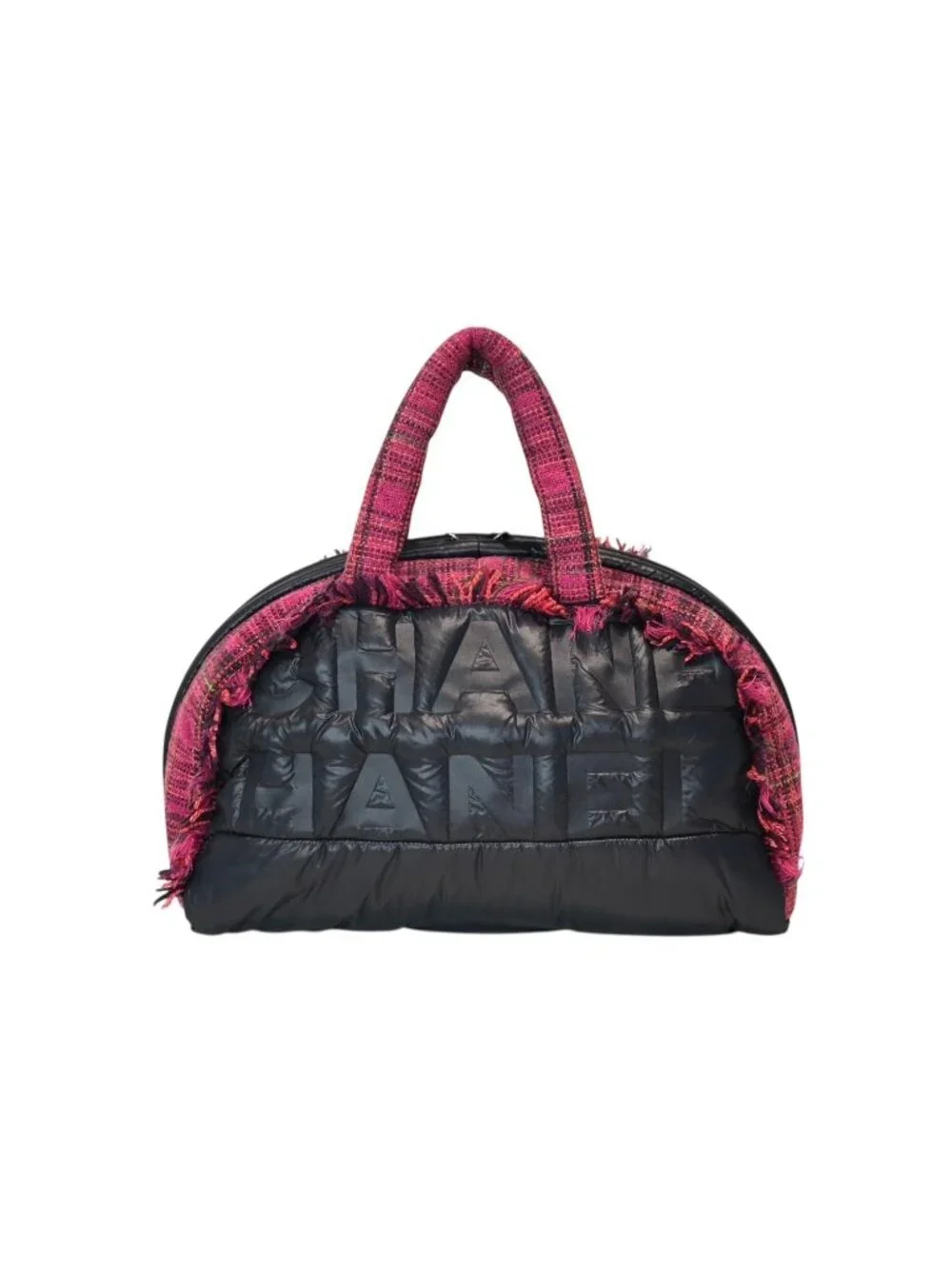 Chanel Boston Handbag Logo Pink Navy Tweed Nylon
